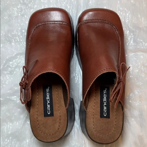 Vintage 90’s Candie's Brown Leather Platform Clogs Wood Heel Boho NWOT Size 6 - Picture 8 of 16